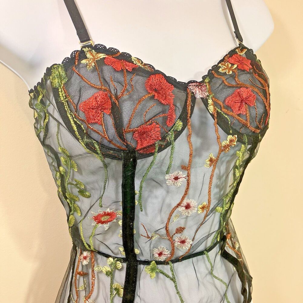 Black Floral Embroidered Sheer Mesh Teddy Bodysuit Adjustable Straps Small
